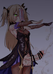 Rule 34 | 1futa, armpits, bar censor, bare shoulders, black bow, black thighhighs, blonde hair, body writing, bow, breasts, calpish, censored, clothes writing, cowboy shot, cum, dark, detached sleeves, dress, ejaculation, erection, expressionless, fingerless gloves, fischl (genshin impact), fishnets, futanari, genshin impact, gloves, glowing, glowing eye, green eyes, hair bow, handsfree ejaculation, highres, jiangshi, large penis, large testicles, leotard, long hair, ofuda, outstretched arms, penis, projectile cum, single thighhigh, small breasts, solo, testicles, thighhighs, two side up