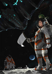Rule 34 | 1girl, :o, animal, animal on head, antennae, astronaut, brown hair, chameleon, commentary request, earth (planet), flag, from behind, gloves, hair between eyes, helmet, highres, holding, holding flag, lips, looking afar, moon, nose, on head, on moon, open mouth, original, planet, radio antenna, science fiction, short hair, sky, smile, solo, somehira katsu, space, space helmet, spacecraft, spacesuit, star (sky), starry sky, teeth, tongue, upper teeth only, walking, white flag, white gloves