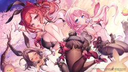 Rule 34 | 3girls, :d, animal ears, arm up, ass, azur lane, back, backless leotard, bare arms, bare shoulders, bird, black choker, black leotard, blue eyes, breasts, brown hair, brown pantyhose, chick, choker, covered navel, dutch angle, fake animal ears, fake tail, frills, from behind, gloves, hairband, hands up, high heels, i-19 (azur lane), i-19 (blossoming bunny) (azur lane), i-25 (azur lane), i-26 (azur lane), komeshiro kasu, large breasts, leotard, long hair, looking at viewer, looking back, manjuu (azur lane), multiple girls, official alternate costume, official art, open mouth, pantyhose, parted bangs, pink hair, playboy bunny, rabbit ears, rabbit tail, red eyes, red hair, smile, strapless, strapless leotard, tail, twintails, white gloves, white leotard