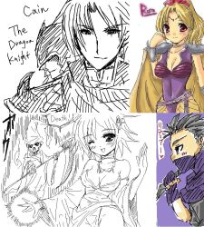 Rule 34 | 1990s (style), 2boys, 2girls, ;d, blonde hair, breasts, cain highwind, cleavage, closed mouth, covered eyes, death, edward geraldine, expressionless, final fantasy, final fantasy iv, from side, helmet, helmet over eyes, hidden eyes, holding, holding weapon, kunai, long hair, looking at viewer, multiple boys, multiple girls, oekaki, one eye closed, open mouth, partially colored, profile, retro artstyle, rosa farrell, rydia (ff4), smile, upper body, very long hair, weapon
