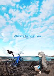 Rule 34 | 1girl, bad id, bad pixiv id, bicycle, cloud, cloudy sky, day, english text, erimo haruka, highres, jacket, long hair, ocean, original, photo background, shoes, sitting, skirt, sky, smile, sneakers, solo, spandex, text focus