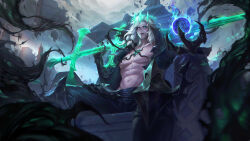 Rule 34 | 1boy, absurdres, amekoi, ball, black jacket, black pants, claws, collarbone, colored skin, crown, from below, glowing, glowing eyes, green eyes, grey hair, grey skin, highres, holding, holding sword, holding weapon, hole in chest, hole on body, jacket, league of legends, magic, male focus, medium hair, navel, open clothes, open jacket, pants, ruins, sitting, solo, stomach, sword, tentacles, viego (league of legends), weapon, zweihander