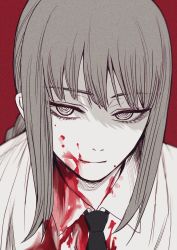 Rule 34 | 1girl, black necktie, blood, blood on clothes, blood on face, blood splatter, braid, braided ponytail, chainsaw man, collared shirt, highres, hoshi san 3, light smile, looking at viewer, makima (chainsaw man), medium hair, necktie, neckwear request, red background, ringed eyes, shaded face, shirt, simple background, smile, solo, upper body, white shirt