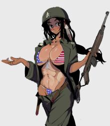 Rule 34 | 1girl, abs, absurdres, american flag, american flag bikini, american flag print, bikini, black hair, breasts, brown eyes, dark-skinned female, dark skin, feather hair ornament, feet out of frame, flag print, grey background, hair ornament, helmet, highres, holding, holding weapon, large breasts, long hair, military, military uniform, mole, mole on breast, mole under mouth, pants, pooping, swimsuit, tan, tanline, tanskin, uniform, weapon