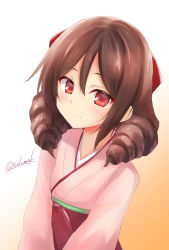 Rule 34 | 1girl, bow, brown hair, commentary request, drill hair, gradient background, hair bow, hakama, hakama skirt, harukaze (kancolle), highres, japanese clothes, kamijou sadame, kantai collection, kimono, long hair, looking at viewer, meiji schoolgirl uniform, one-hour drawing challenge, orange background, pink kimono, red bow, red eyes, red hakama, skirt, solo, twin drills, twitter username, upper body, white background