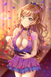 Rule 34 | 10s, 1girl, :3, absurdres, bang dream!, bare shoulders, black bow, blue flower, blue rose, blurry, blurry background, blush, bow, breasts, brown eyes, brown hair, buckle, cleavage, closed mouth, collar, collarbone, cowboy shot, depth of field, dress, flower, hair bow, hair flower, hair ornament, hand on own chest, hand on own stomach, highres, imai lisa, large breasts, layered dress, lens flare, long hair, petals, ponytail, purple dress, red flower, red rose, rose, rose petals, short dress, sleeveless, sleeveless dress, smile, solo, sparkle, standing, wavy hair, yohane yoshiko