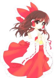 Rule 34 | 1girl, absurdres, ascot, bad id, bad pixiv id, blush, bow, brown eyes, brown hair, colorized, detached sleeves, female focus, hadurin (zdmzy), hair bow, hakurei reimu, half updo, highres, japanese clothes, masaru.jp, miko, own hands clasped, own hands together, solo, touhou, yellow ascot, zdmzy (pixiv)