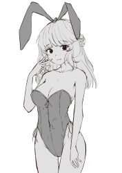 Rule 34 | 1girl, absurdres, breasts, cleavage, collarbone, cowboy shot, greyscale, hair bun, highres, kantai collection, leotard, long hair, medium breasts, monochrome, neve (morris-minicooper), playboy bunny, ranger (kancolle), side-tie leotard, simple background, solo, standing, strapless, strapless leotard, thigh gap