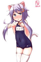 Rule 34 | 1girl, animal ears, artist logo, blue eyes, blue one-piece swimsuit, cat ears, cat tail, commentary request, crescent, crescent hair ornament, dated, hair ornament, highres, kanon (kurogane knights), kantai collection, name tag, one-piece swimsuit, paw pose, purple hair, school swimsuit, short hair, short hair with long locks, simple background, solo, swimsuit, tail, thighhighs, white background, white thighhighs, yayoi (kancolle)
