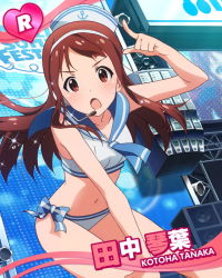 Rule 34 | &gt;:o, 10s, 1girl, :o, bikini, character name, hairband, hand on leg, hat, headset, idolmaster, idolmaster million live!, long hair, looking at viewer, microphone, navel, official art, open mouth, pointing, ribbon, sailor bikini, sailor collar, sailor hat, sailor swimsuit (idolmaster), solo, stage, sweat, swimsuit, tanaka kotoha, v-shaped eyebrows, white bikini