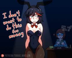 Rule 34 | 2girls, animal ears, arms behind back, banknote, bare shoulders, black background, black hair, black legwear, black leotard, blue eyes, blunt bangs, blush, bob cut, bow, bowtie, breasts, brown hair, calculator, cleavage, coin, commentary, cowboy shot, desk, detached collar, dress shirt, embarrassed, english commentary, english text, fake animal ears, grey jacket, grimace, groin, holding, holding money, jacket, kill la kill, leotard, looking at another, looking away, looking back, mankanshoku mako, matoi ryuuko, medium breasts, money, multicolored hair, multiple girls, paid reward available, pantyhose, patreon username, playboy bunny, rabbit ears, red bow, red bowtie, red hair, shirt, short hair, smile, sparkle, spotlight, strapless, strapless leotard, streaked hair, suit jacket, sunglasses, thick eyebrows, tobias wheller, two-tone hair, v-shaped eyebrows, white shirt