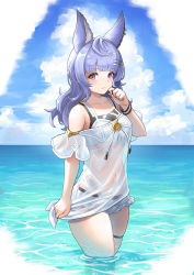 Rule 34 | 1girl, bad id, bad twitter id, beach, blue hair, blue sky, earclip, erune, granblue fantasy, hat, highres, long hair, looking at viewer, red eyes, skindentation, sky, solo, straw hat, sun hat, thighs, tight clothes, tikoh, tikoh (summer), yuiko (yuiyuiko 108)