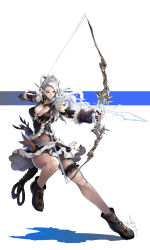Rule 34 | 1girl, absurdres, archery, arrow (projectile), artist name, babyg wong, belt, belt buckle, black nails, blue eyes, bow (weapon), breasts, buckle, character request, cleavage, copyright request, detached sleeves, drawing bow, electricity, elf, energy arrow, energy weapon, feather-trimmed sleeves, feather trim, fingerless gloves, frilled skirt, frills, full body, gloves, glowing, grey hair, highres, holding, holding bow (weapon), holding weapon, large breasts, bridal garter, leg up, legs, long hair, nail polish, navel, pointy ears, rope, shadow, shoes, signature, simple background, skirt, solo, standing, standing on one leg, teeth, thighs, weapon, wind, wind lift