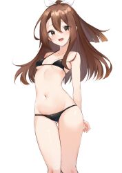 Rule 34 | 1girl, bikini, black bikini, breasts, brown eyes, brown hair, feet out of frame, gluteal fold, groin, high ponytail, highres, kantai collection, long hair, looking at viewer, lowleg, lowleg bikini, navel, simple background, small breasts, smile, solo, standing, swimsuit, thigh gap, white background, zarashi, zuihou (kancolle)