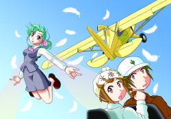 Rule 34 | 1boy, 2girls, aircraft, airplane, ascot, baseball cap, beanie, blue sky, brown hair, chair, crossover, day, earrings, falling feathers, feathers, freckles, green hair, hair ribbon, hat, hatsuseno alpha, isaki (kabu no isaki), jacket, jewelry, jinpoo terotero, jinpuu (terotero garage), kabu no isaki, kajika (kabu no isaki), legs, loafers, long hair, looking at viewer, looking back, m/, multiple girls, open mouth, orange hair, piper super cub, purple eyes, red eyes, red ribbon, ribbon, shoes, short hair, skirt, sky, transparent wings, vehicle focus, vest, white feathers, wings, yokohama kaidashi kikou