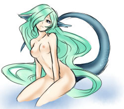 Rule 34 | 1girl, animal ears, bad id, bad pixiv id, blue eyes, breasts, costume, creatures (company), fins, fish girl, fish tail, game freak, gen 1 pokemon, green hair, hair over one eye, konshin, long hair, monster girl, nintendo, nipples, nude, personification, pokemon, scales, simple background, sitting, small breasts, small nipples, solo, tail, vaporeon, very long hair, water, white background