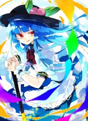Rule 34 | 1girl, apron, black hat, blue hair, blue skirt, blunt bangs, bow, bowtie, center frills, commentary, cowboy shot, frills, hat, highres, hinanawi tenshi, long hair, looking at viewer, nikorashi-ka, open mouth, peach hat ornament, puffy short sleeves, puffy sleeves, rainbow gradient, red bow, red bowtie, red eyes, shirt, short sleeves, skirt, smug, solo, swirling, sword of hisou, touhou, white apron, white shirt, wrist cuffs