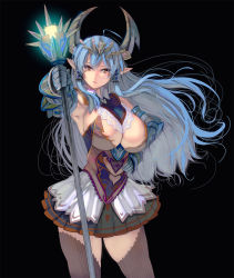 Rule 34 | 1girl, black background, blue hair, breasts, bustier, cleavage, closed mouth, detached collar, facial mark, gauntlets, glowing, hand on own hip, highres, holding, holding staff, horns, kouno (masao), large breasts, long hair, looking at viewer, original, outstretched arm, pleated skirt, pointy ears, revision, simple background, skirt, solo, staff, standing, thighhighs, yellow eyes