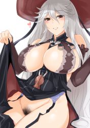 Rule 34 | 10s, 1girl, breasts, brown eyes, female pubic hair, gachou, garter straps, granblue fantasy, hat, heart, large breasts, magisa (granblue fantasy), pubic hair, silver hair, solo, witch hat