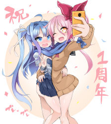 Rule 34 | 2girls, ass, blue hair, bow, brave sword x blaze soul, cardigan, clothes lift, dress, fang, hair bow, heart, heart-shaped pupils, highres, hug, long hair, long sleeves, morino donguri, multiple girls, one eye closed, open mouth, pink hair, ponytail, scarf, shared clothes, shared scarf, skirt, skirt lift, smile, sweatdrop, sweater, symbol-shaped pupils, taking picture, twintails, v, yellow eyes