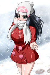 Rule 34 | 1girl, absurdres, beanie, blue eyes, blue hair, blush, breasts, closed mouth, coat, creatures (company), cropped legs, dawn (pokemon), game freak, hair ornament, hat, highres, large breasts, long hair, looking at viewer, nintendo, outdoors, outstretched hand, pokemon, pokemon dppt, pokemon platinum, red coat, scarf, scarf over mouth, skirt, smile, snow, snowing, solo, white hat, white scarf, winter clothes, yensh