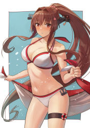 Rule 34 | 1girl, bikini, blush, breasts, brown hair, cleavage, collarbone, commission, flower, hair flower, hair intakes, hair ornament, headgear, highres, holding sarong, kantai collection, large breasts, long hair, looking at viewer, navel, official alternate costume, outside border, parted lips, ponytail, red bikini, red eyes, revision, sidelocks, skeb commission, solo, swimsuit, tantaka, thigh strap, two-tone bikini, very long hair, white bikini, yamato (kancolle)