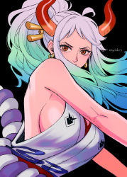 Rule 34 | 1girl, ahoge, bare arms, bare shoulders, black background, blue hair, breasts, closed mouth, curled horns, earrings, floating hair, green hair, grey hair, hair ornament, hair stick, high ponytail, highres, horns, japanese clothes, jewelry, kataginu, large breasts, long hair, looking at viewer, multicolored hair, multicolored horns, one piece, oni, orange eyes, orange horns, outstretched arms, red horns, rope, serious, shimenawa, sideboob, sidelocks, simple background, solo, twitter username, upper body, yamato (one piece), youkan (tako)