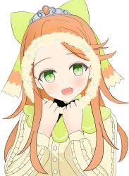 Rule 34 | 1girl, bow, etie (fire emblem), fire emblem, fire emblem engage, frilled sleeves, frills, green bow, green eyes, highres, itunerin, looking at viewer, nintendo, open mouth, orange gemstone, orange hair, solo, swept bangs, tiara