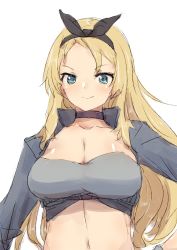 Rule 34 | 1girl, alchera, black choker, black hairband, blonde hair, blue eyes, breasts, choker, cleavage, hairband, hands on own hips, kantai collection, large breasts, long hair, looking at viewer, midriff, nelson (kancolle), official alternate costume, race queen, simple background, solo, white background