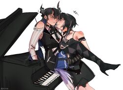 Rule 34 | 2girls, asymmetrical horns, bare shoulders, black choker, black dress, black hair, blue hair, breasts, choker, colored inner hair, demon horns, dress, hair ornament, hand under clothes, highres, hololive, hololive english, horns, instrument, lace-trimmed choker, lace trim, large breasts, long hair, multicolored hair, multiple girls, nerissa ravencroft, nerissa ravencroft (1st costume), piano, red eyes, shiori novella, shiori novella (1st costume), split-color hair, two-tone hair, uneven horns, virtual youtuber, white background, white hair, yellow eyes, yuri, yuulianda