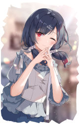 Rule 34 | 1girl, ;), bare shoulders, black hair, blue skirt, blurry, blurry background, blush, closed mouth, commentary request, depth of field, hair ornament, hair over shoulder, hair scrunchie, hairclip, hands up, highres, idolmaster, idolmaster shiny colors, interlocked fingers, long hair, looking at viewer, low twintails, morino rinze, off-shoulder shirt, off shoulder, one eye closed, puffy short sleeves, puffy sleeves, red eyes, scrunchie, serika, shirt, short sleeves, skirt, smile, solo, twintails, white scrunchie, white shirt
