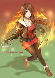 Rule 34 | 1girl, anniversary, arc the lad, braid, breasts, brown eyes, brown hair, cleavage, copyright name, full body, gloves, gurugurere, highres, jacket, long hair, pantyhose, paulette (arc the lad), simple background, skirt, solo, weapon