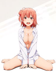 Rule 34 | 1girl, blush, breasts, cleavage, collared shirt, highres, large breasts, legs, looking at viewer, official art, open clothes, open mouth, open shirt, panties, pink hair, red eyes, shirt, short hair, simple background, sitting, smile, solo, thighs, topless, underwear, white shirt, yahari ore no seishun lovecome wa machigatteiru., yuigahama yui