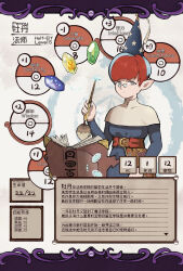 1girl alternate_costume alternate_species blue_hair book bright_pupils character_name character_sheet closed_mouth commentary_request creatures_(company) doubt5 dress evolutionary_stone fire_stone game_freak gen_4_pokemon glasses hand_up hat highres holding holding_wand long_sleeves multicolored_hair nintendo penny_(pokemon) pointy_ears pokemon pokemon_sv red_hair rotom rotom_(other) round_eyewear short_hair solo star_(symbol) star_print thunder_stone translation_request two-tone_hair wand water_stone