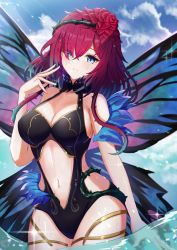 Rule 34 | 1girl, bare arms, bare shoulders, black one-piece swimsuit, blue eyes, blue sky, breasts, butterfly wings, cleavage, cloud, commentary request, cowboy shot, day, fire emblem, fire emblem heroes, flower, gao kawa, hair flower, hair ornament, highres, insect wings, large breasts, looking at viewer, medium hair, navel, nintendo, one-piece swimsuit, parted lips, red flower, red hair, red rose, rose, sky, solo, standing, stomach, swimsuit, triandra (fire emblem), wading, water, wings