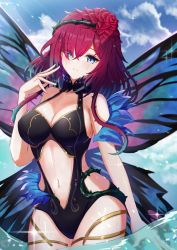 1girl bare_arms bare_shoulders black_one-piece_swimsuit blue_eyes blue_sky breasts butterfly_wings cleavage cloud commentary_request cowboy_shot day fire_emblem fire_emblem_heroes flower gao_kawa hair_flower hair_ornament highres insect_wings large_breasts looking_at_viewer medium_hair navel nintendo one-piece_swimsuit parted_lips red_flower red_hair red_rose rose sky solo standing stomach swimsuit triandra_(fire_emblem) wading water wings