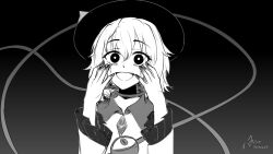 Rule 34 | 1girl, absurdres, black background, black eyes, black hat, blouse, bow, bright pupils, buttons, diamond button, eyeball, frilled shirt collar, frilled sleeves, frills, gradient background, greyscale, hands up, hat, hat bow, highres, komeiji koishi, long sleeves, looking at viewer, medium hair, monochrome, open mouth, restra25, shirt, smile, solo, third eye, touhou, upper body, wavy hair, white pupils, wide sleeves, yellow bow