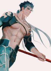 Rule 34 | 1boy, blue hair, chest strap, closed mouth, crescent, crescent necklace, cu chulainn (second ascension) (fate), detached sleeves, earrings, fate/grand order, fate/stay night, fate (series), floating hair, gae bolg (fate), grin, holding, holding polearm, holding weapon, jewelry, lacu lain, long hair, male focus, muscular, muscular male, necklace, nipples, official alternate costume, pants, pectorals, polearm, ponytail, red eyes, simple background, skin tight, smile, solo, spiked hair, topless male, weapon, white background