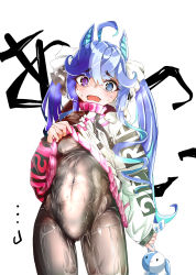 Rule 34 | 1girl, @ @, absurdres, ahoge, animal ears, black bodysuit, blue eyes, blue hair, bodysuit, breasts, clothes writing, coat, coat lift, commentary, covered navel, cowboy shot, drawstring, fang, hair ribbon, heterochromia, highres, holding, holding stuffed toy, hood, hood down, hooded coat, horse ears, horse girl, horse tail, hotelmarimo, lifted by self, long hair, long sleeves, looking at viewer, messy hair, multicolored coat, open mouth, purple eyes, ribbon, sidelocks, skin fang, small breasts, solo, standing, stuffed animal, stuffed rabbit, stuffed toy, sweat, tail, text background, twin turbo (umamusume), twintails, umamusume, white background, white ribbon