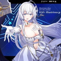 Rule 34 | 1girl, absurdres, ahoge, azur lane, blue eyes, breasts, character name, cleavage, clothing cutout, collarbone, dated, detached collar, dress, elbow gloves, gloves, headset, hebitsukai-san, highres, idol, illustrious (azur lane), illustrious (muse) (azur lane), large breasts, looking at viewer, low tied hair, mole, mole under eye, navel, navel cutout, open mouth, solo, twitter username, upper body, white dress, white gloves, white hair