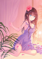 Rule 34 | 1girl, arm support, bare shoulders, bed, blue eyes, blush, breasts, brown hair, cleavage, closed mouth, curtains, dress, flower, hair flower, hair ornament, hibiscus, highres, leaf, long hair, looking at viewer, nagidango, on bed, original, plant, purple dress, sitting, smile, solo, strap slip