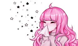 Rule 34 | 1girl, ahoge, closed eyes, commentary, grey shirt, long hair, long sleeves, original, pink hair, shari cote, shirt, simple background, sneezing, solo, tissue, twitter sparkles, upper body, white background