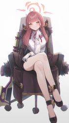 1girl absurdres aru_(blue_archive) blue_archive blunt_bangs brown_shoes chair closed_mouth commentary_request crossed_legs gloves gradient_background grey_background halo highres horns legs long_hair long_sleeves looking_at_viewer lunia on_chair red_hair red_neckwear red_ribbon ribbon shirt shoes sitting smile solo thighs white_background white_gloves white_shirt