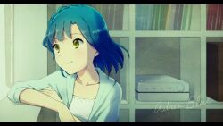 Rule 34 | 1girl, blue hair, blue jacket, bookshelf, braid, camisole, closed mouth, collarbone, commentary, copyright request, english commentary, english text, eyelashes, hand on own arm, idolmaster, idolmaster million live!, indoors, jacket, long sleeves, looking outside, medium hair, mixed-language commentary, nanao yuriko, parody, single braid, sleeves past elbows, smile, solo, upper body, videocassette, white camisole, window, windowsill, witoi (roa), yellow eyes