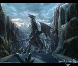 Rule 34 | bad id, bad pixiv id, bird, bridge, chain, crystal, dragon, frozen, gigandal federation, hage2013, highres, ice, letterboxed, mountain, no humans, pixiv fantasia, pixiv fantasia 3, scenery, sky, wings