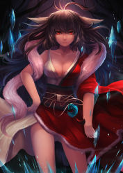 Rule 34 | 1girl, absurdres, ahri (league of legends), antenna hair, asymmetrical clothes, bare shoulders, black hair, breasts, brown hair, cleavage, closed mouth, collarbone, contrapposto, cowboy shot, crystal, ears down, ensinn, hands on own hips, highres, japanese clothes, kimono, league of legends, lips, long hair, looking at viewer, pink lips, red eyes, shawl, solo, standing