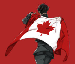 Rule 34 | 10s, 1boy, bad id, bad pixiv id, black hair, canadian flag, con potata, flag, from behind, jean-jacques leroy, male focus, red background, simple background, walking, yuri!!! on ice