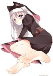 Rule 34 | 1girl, bare legs, barefoot, character request, feet, foot focus, highres, ju yorimoto, long hair, looking at viewer, pov, purple eyes, silver hair, soles, toes