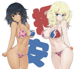 Rule 34 | 2girls, andou (girls und panzer), arm behind back, ass, bare shoulders, bc freedom (emblem), bikini, black eyes, black hair, blonde hair, blue eyes, breasts, character name, cowboy shot, dark-skinned female, dark skin, emblem, girls und panzer, head tilt, kanji, large breasts, light frown, looking to the side, medium breasts, medium hair, messy hair, multiple girls, navel, oshida (girls und panzer), scrunchie, sideboob, simple background, skindentation, standing, stomach, swimsuit, thighs, underboob, wata do chinkuru, white background