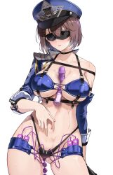 Rule 34 | 1girl, anal beads, azur lane, baltimore (azur lane), baltimore (finish line flagbearer) (azur lane), between breasts, bikini, black bikini, black gloves, blindfold, blue bikini, blue headwear, blue jacket, blush, breasts, brown hair, cable, censored, character name, choker, cleavage, collarbone, cropped jacket, dildo, flag, gloves, grin, halcon, highleg, highleg bikini, highres, jacket, large breasts, long sleeves, micro shorts, mismatched bikini, mosaic censoring, navel, object insertion, official alternate costume, open mouth, race queen, remote control vibrator, sex toy, short hair, shorts, single glove, sky, smile, solo, swimsuit, thighs, vaginal, vaginal object insertion, vibrator, vibrator in thigh strap